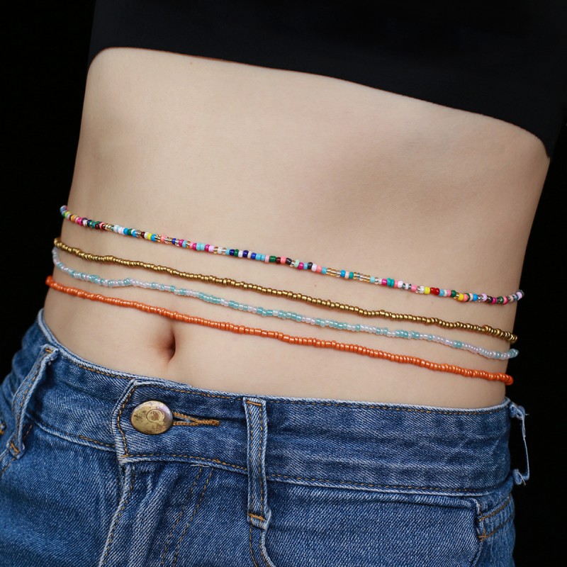 2022波西米亚时尚多层米珠腰链 串珠身体链百搭撞色米珠弹力腰链