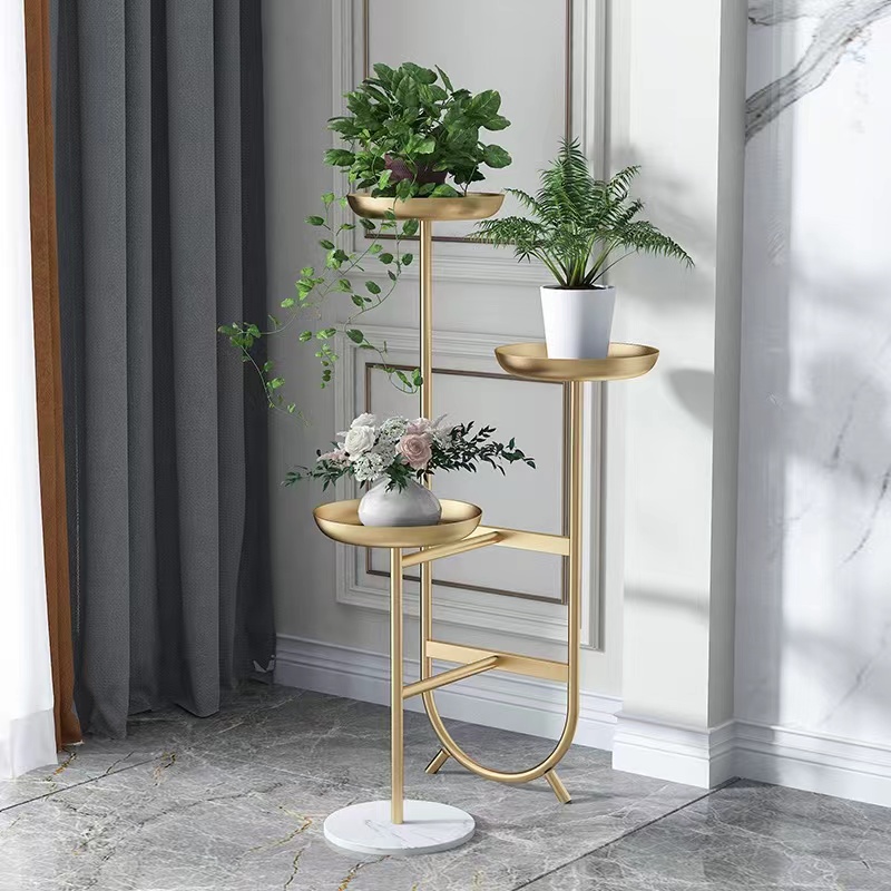 Modern light luxury interior living room decoration, flower stand, balcony, simple multi-layer floor-standing flower stand, flower pot, ironwork storage rack details Picture