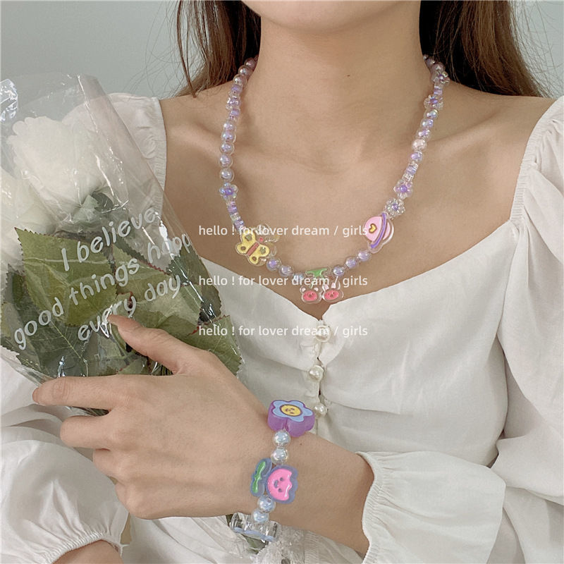 New colorful cartoon beaded necklace with flowers, butterflies and bears, cute and girlish style collarbone chain, children's versatile necklace detail image 2