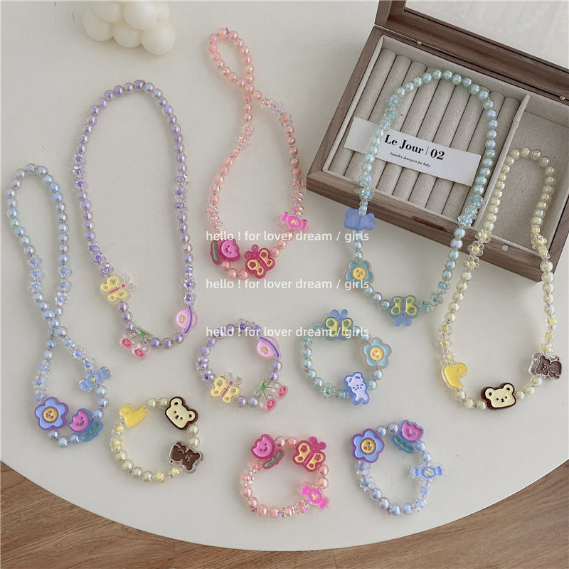 New colorful cartoon beaded necklace with flowers, butterflies and bears, cute and girlish style collarbone chain, children's versatile necklace