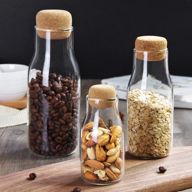 Cork glass storage jar, coffee bean storage jar, household dried fruit, coarse grain, tea and spice glass storage bottle Application Scenario