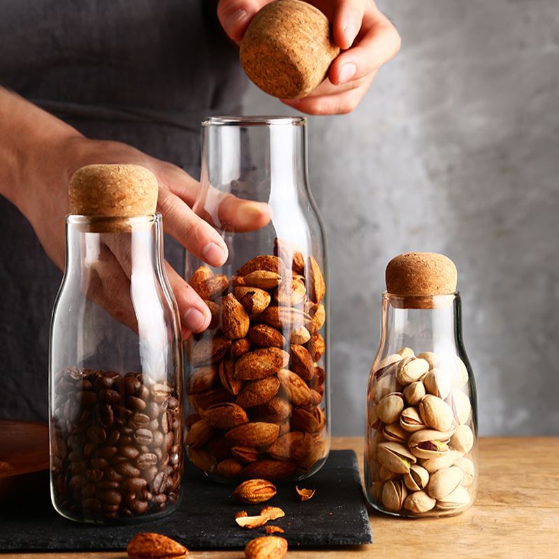 Cork glass storage jar, coffee bean storage jar, household dried fruit, coarse grain, tea and spice glass storage bottle Item Picture