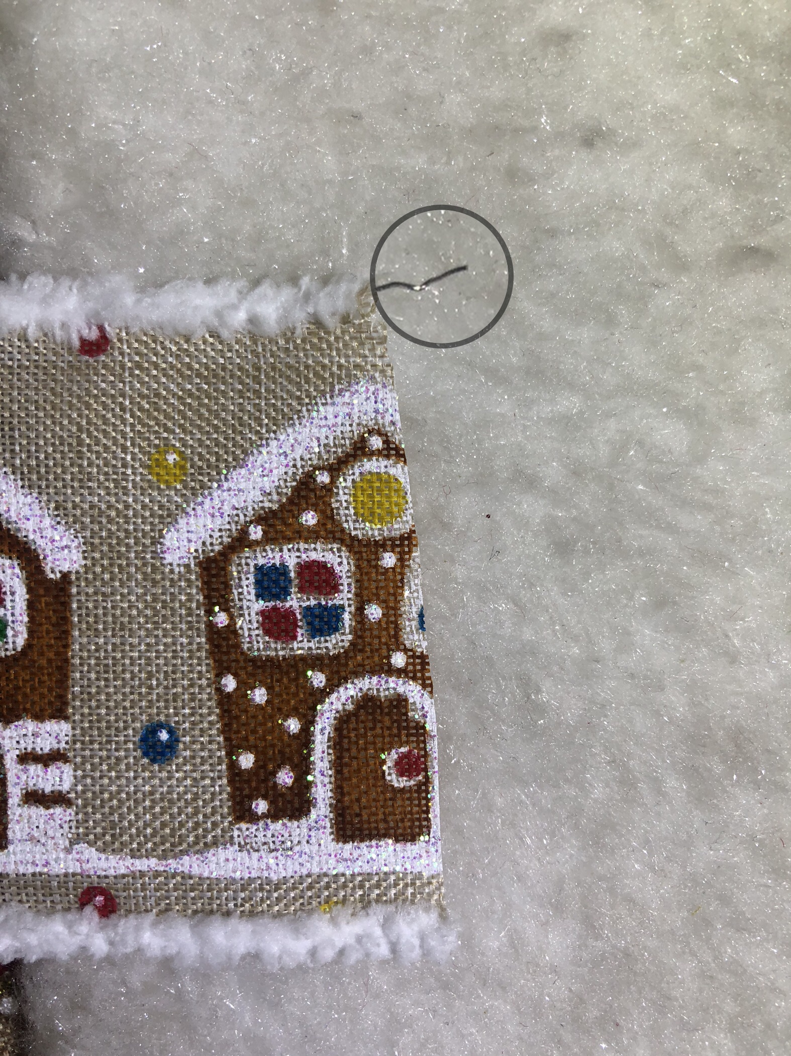 Item No. : 22-026 Christmas Gift Packaging Decoration DIY Linen Multicolored Printed Small House White fringed Christmas Iron Wire Tape 6.3cm Specification image