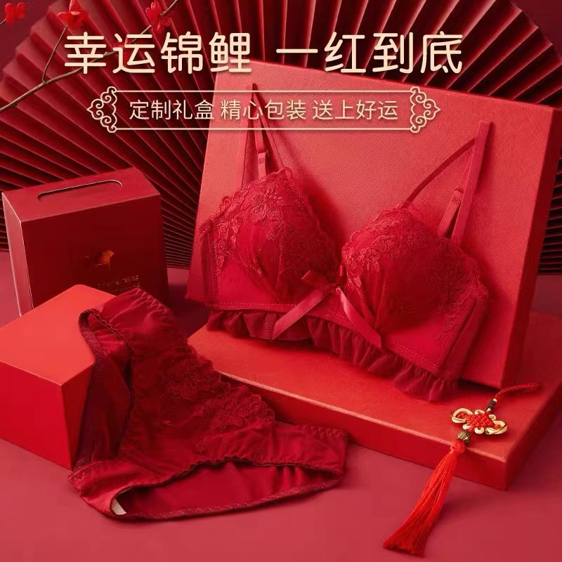 性感蕾丝半内衣女士冬季无钢圈聚拢防下垂小胸显大塑形文胸套装好奇蜜斯小胸聚拢内衣女薄显大无钢圈蕾丝文胸罩套装法式红防下垂