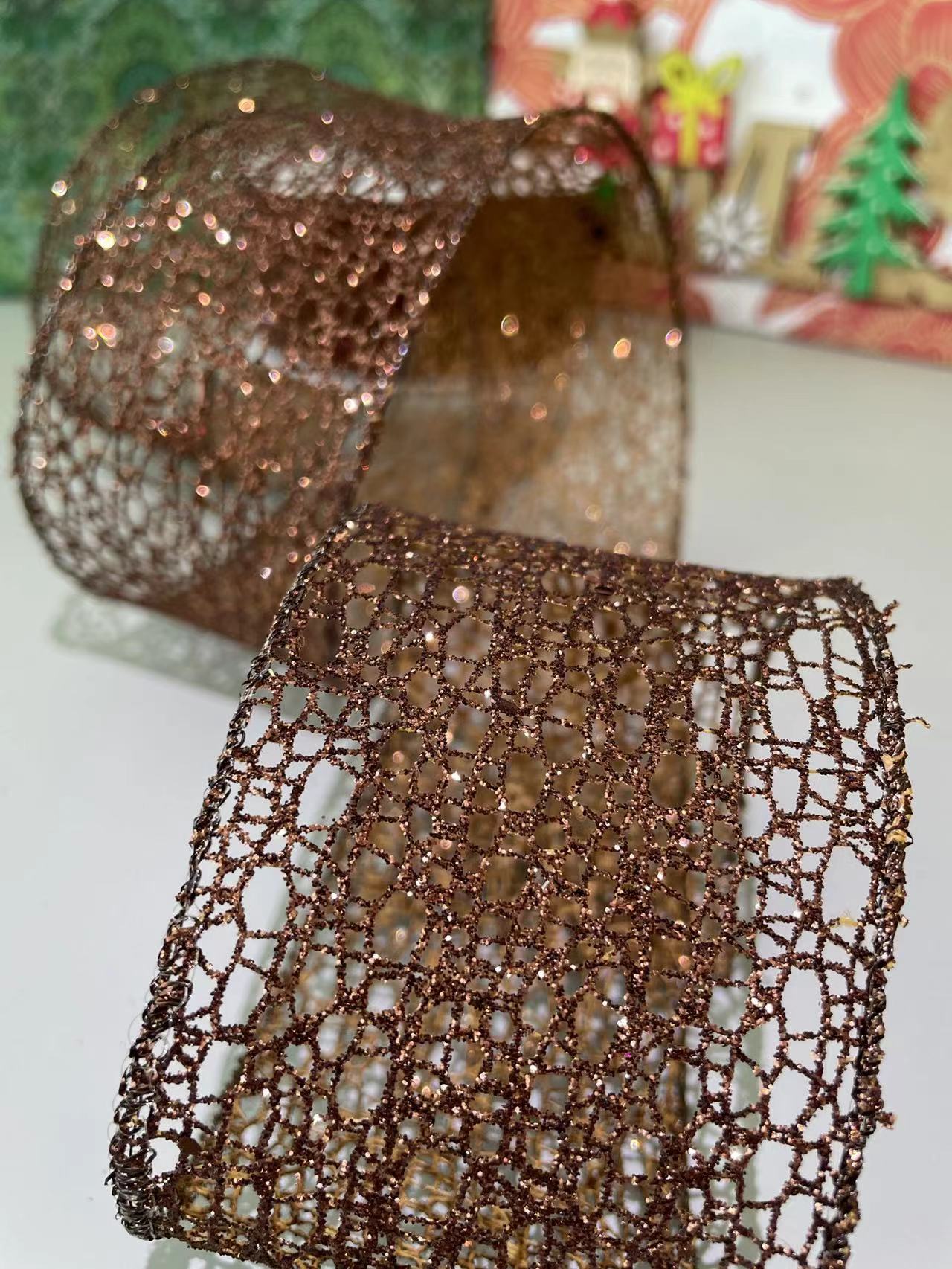 Item No. : 2294 DIY Christmas Gift Packaging Decoration Coffee-colored Mesh Sequined Christmas Wire Band 6.3cm
