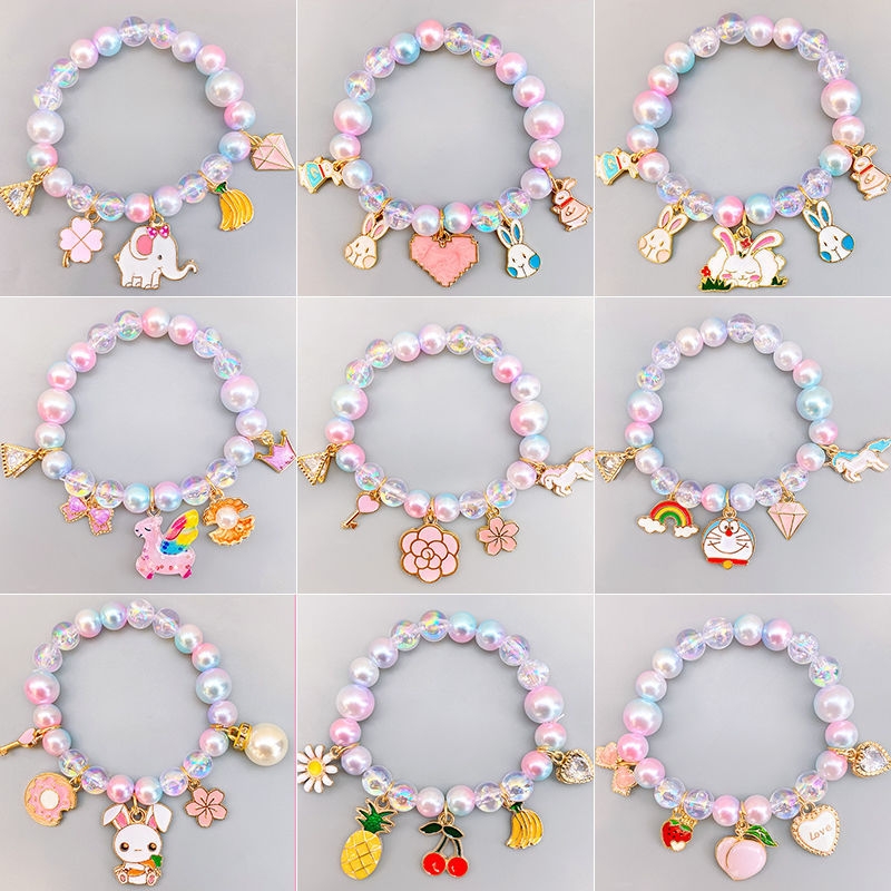 适合学生带的手链儿童手链小女孩五彩珠子吊坠手环饰品女童卡通