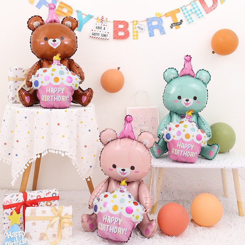 ins风4D立体坐立抱蛋糕小熊铝膜气球 粉色蓝色棕色生日抱抱熊气球 宝宝儿童生日派对卡通装饰布置拍照道具