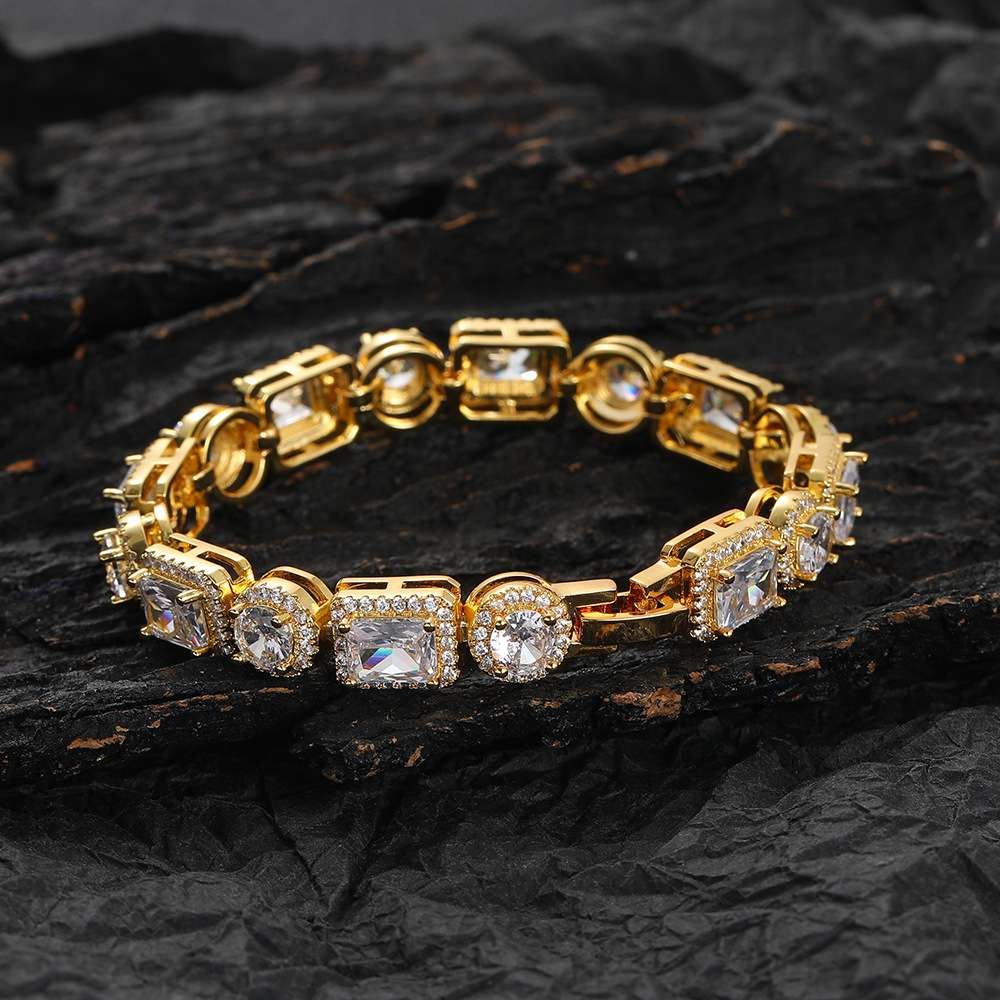 New European and American hip-hop tennis bracelet with rectangular and circular intervals and copper inlaid zircon as a couple's fashionable cross-border jewelry detail image 2