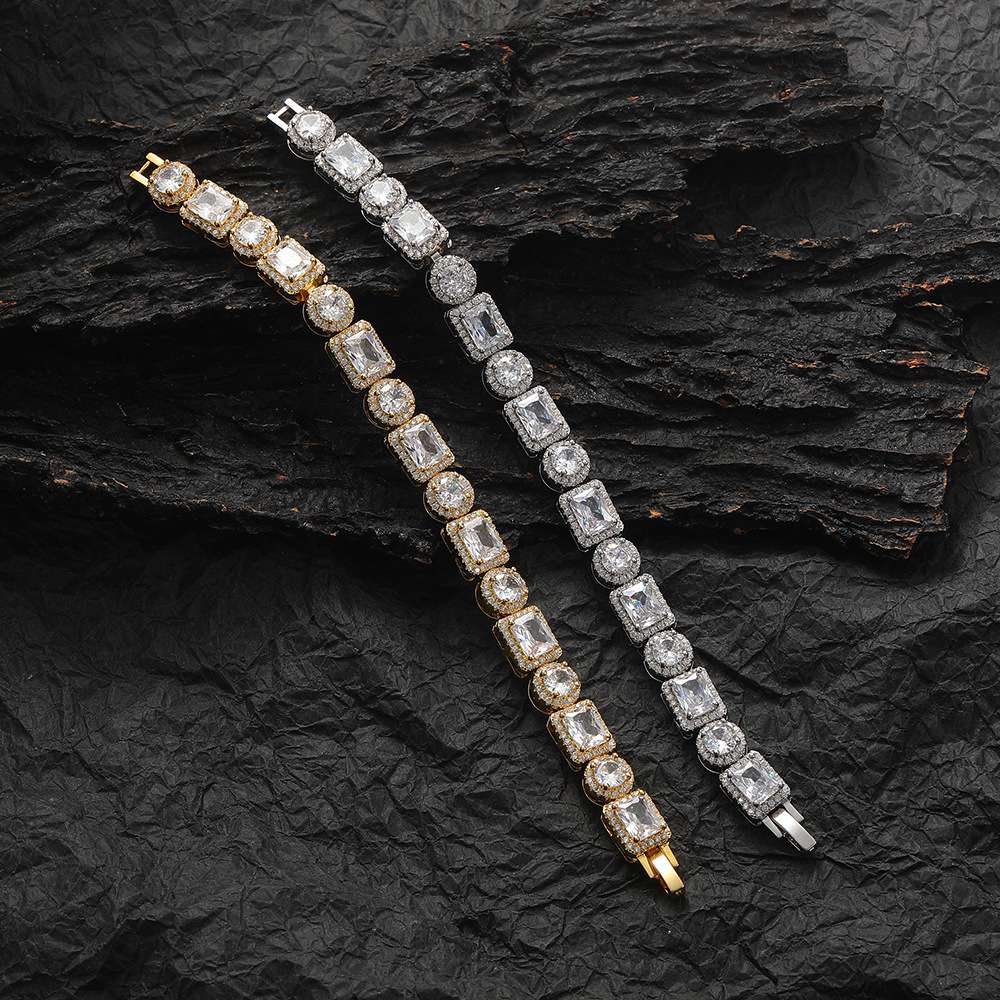 New European and American hip-hop tennis bracelet with rectangular and circular intervals and copper inlaid zircon as a couple's fashionable cross-border jewelry Item Picture
