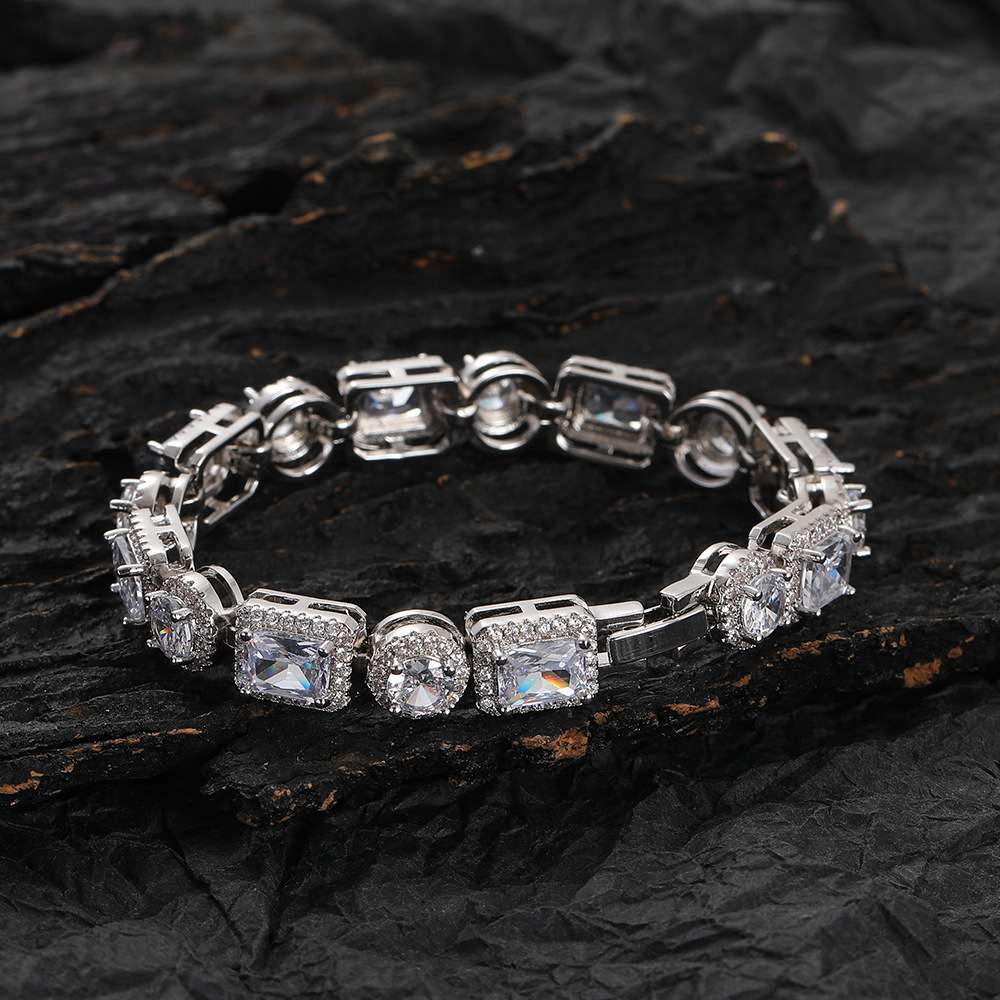 New European and American hip-hop tennis bracelet with rectangular and circular intervals and copper inlaid zircon as a couple's fashionable cross-border jewelry Specification image
