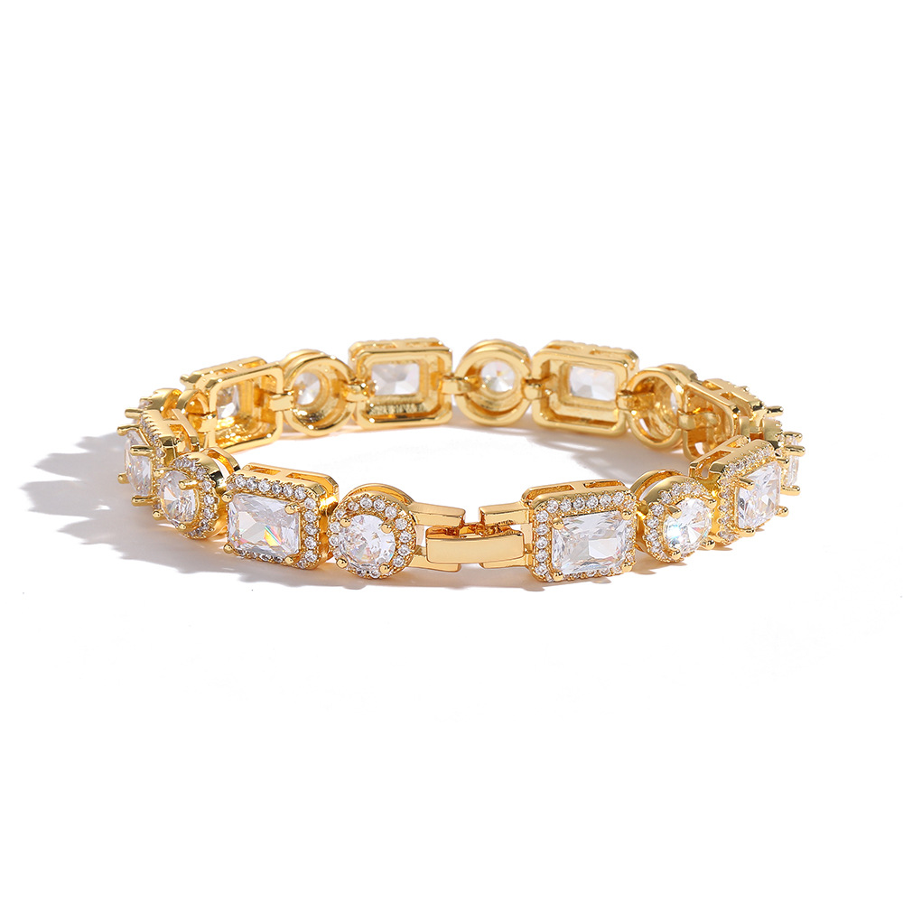 New European and American hip-hop tennis bracelet with rectangular and circular intervals and copper inlaid zircon as a couple's fashionable cross-border jewelry detail image 4