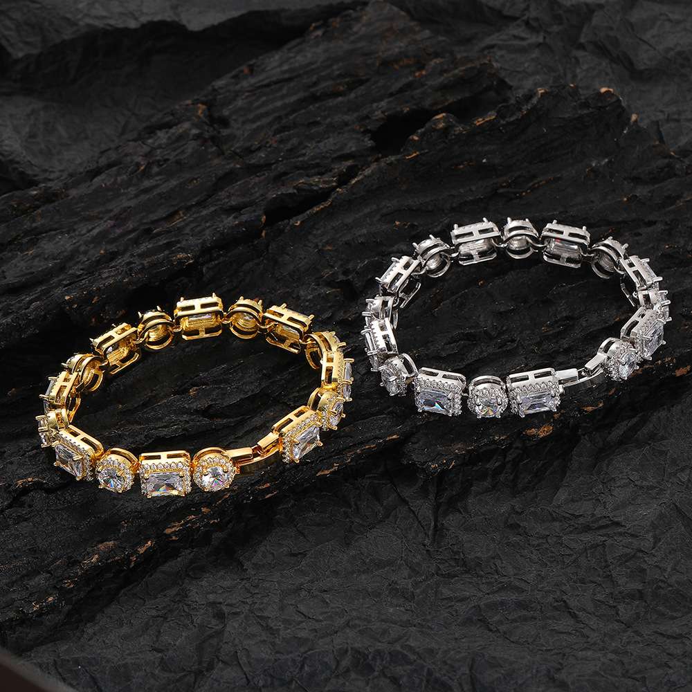New European and American hip-hop tennis bracelet with rectangular and circular intervals and copper inlaid zircon as a couple's fashionable cross-border jewelry
