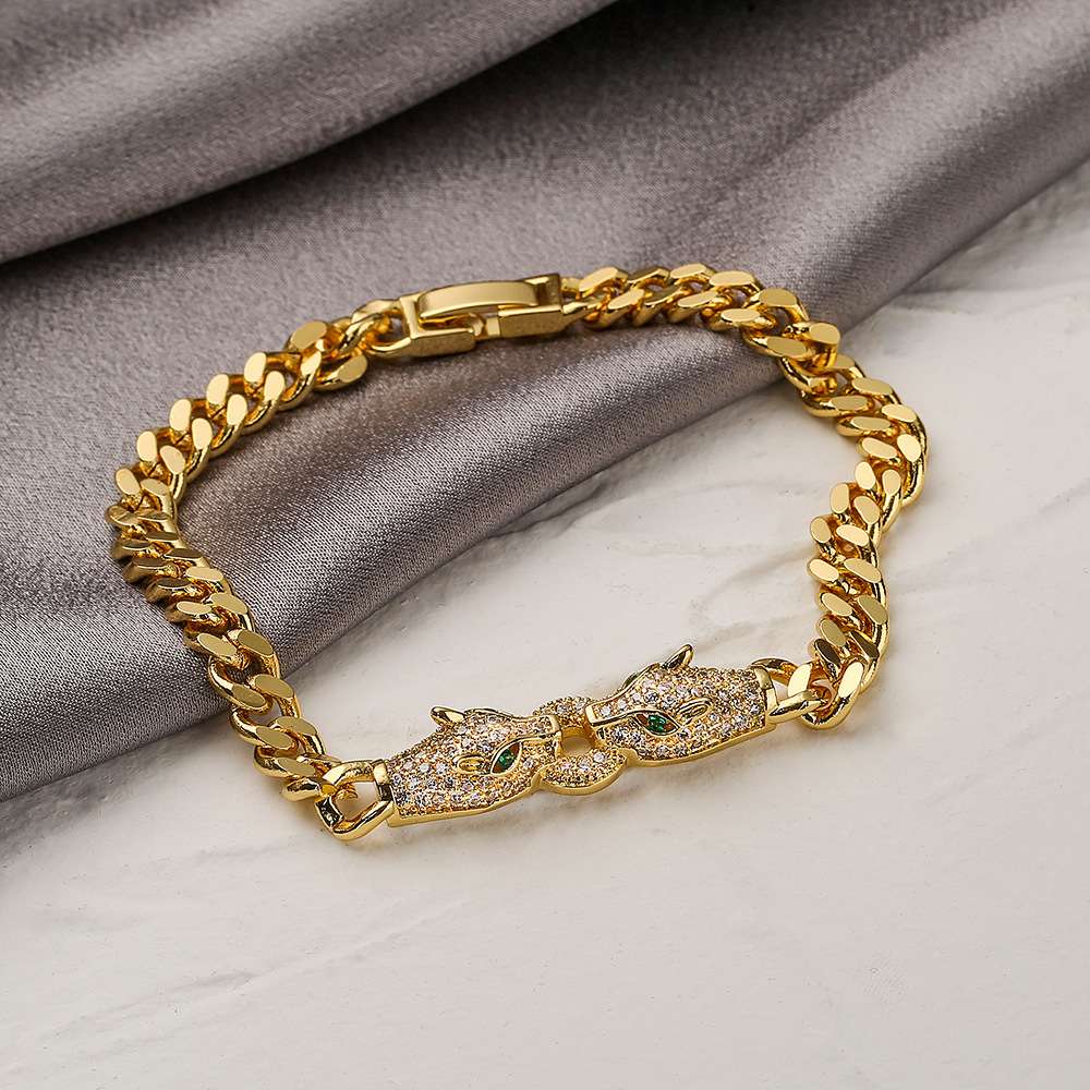 New cross-border supply of copper-plated real gold zircon leopard women's bracelets featuring European and American fashion hip-hop punk details Picture