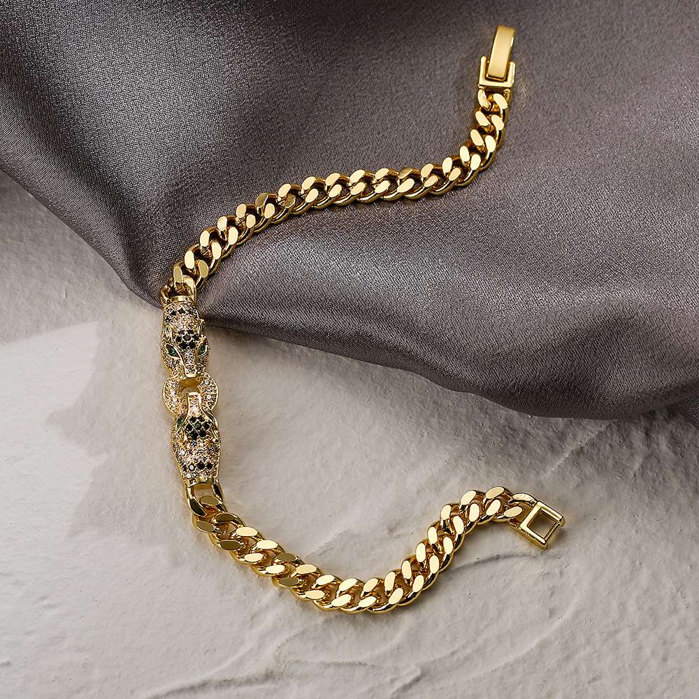 New cross-border supply of copper-plated real gold zircon leopard women's bracelets featuring European and American fashion hip-hop punk detail image 4