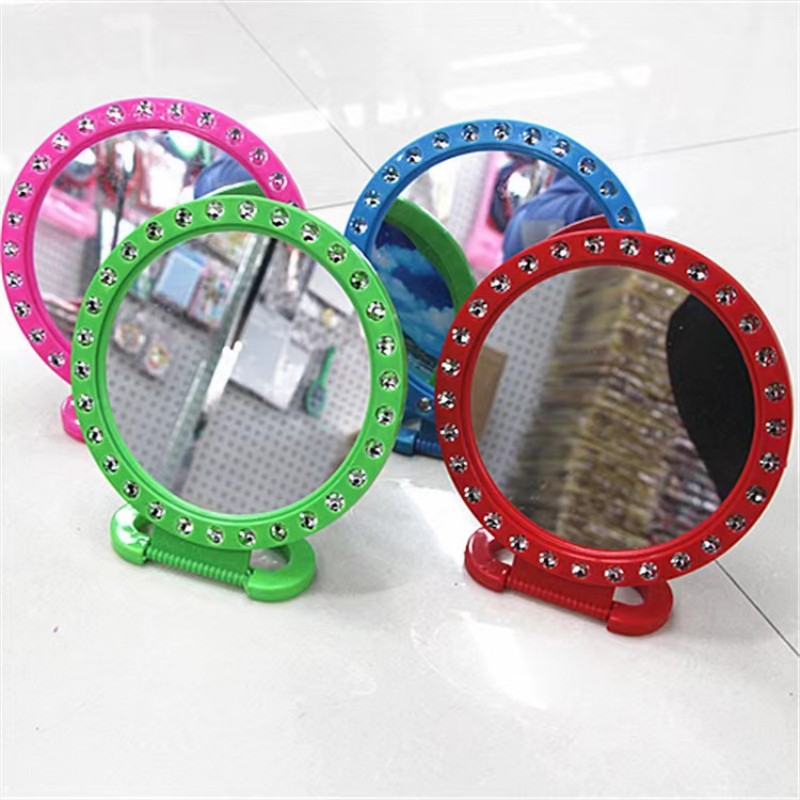 18cm plastic mirror, desktop mirror with diamond, makeup mirror, 2-yuan store, street stall bestseller, pearlescent mirror Item Picture
