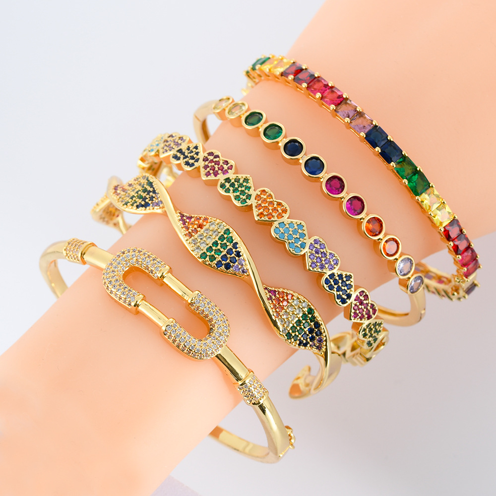 Cross-border European and American simple full diamond bracelet, geometric colored zircon paperclip, heart, retro and personalized open bracelet