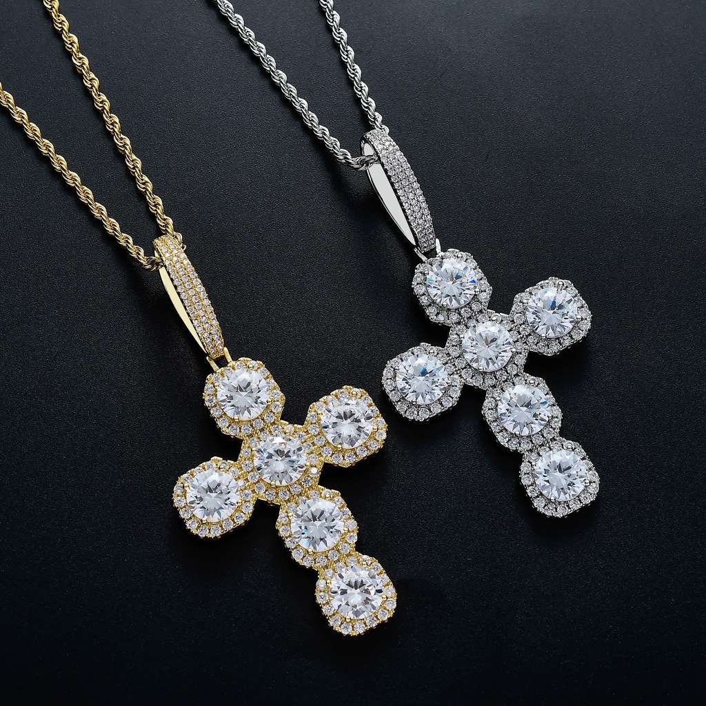 European and American men's full zircon 87mm large solid cross pendant large buckle necklace hip-hop accessory