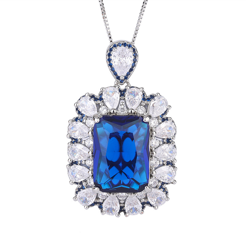 A new copper-backed gold-plated European and American fashion imitation colored gemstone square 13*18 pendant necklace Item Picture