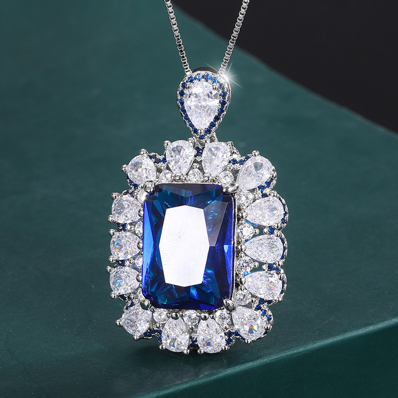 A new copper-backed gold-plated European and American fashion imitation colored gemstone square 13*18 pendant necklace detail image 7