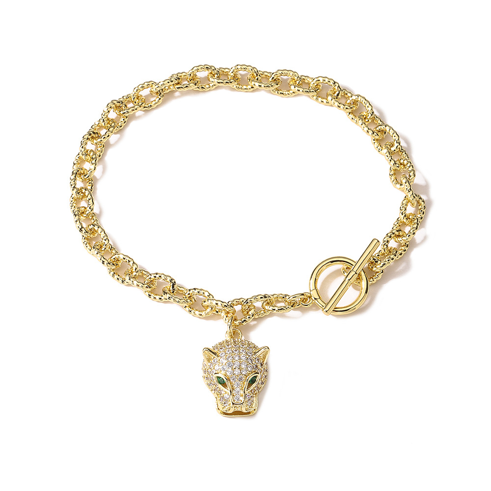 Cross-border bestseller, niche and unique hip-hop jewelry, copper plated 18K gold zircon leopard head pendant bracelet detail image 6