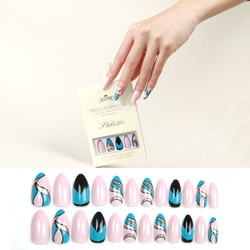 New pointed-head nails, almond nails, and teardrop nails, finished nail plates, high-end color-blocking patterns, abstract lines, English style bestsellers Application Scenario