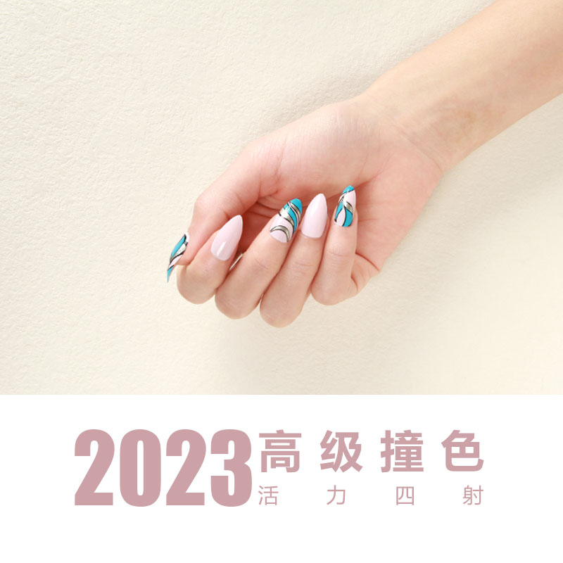 New pointed-head nails, almond nails, and teardrop nails, finished nail plates, high-end color-blocking patterns, abstract lines, English style bestsellers details Picture
