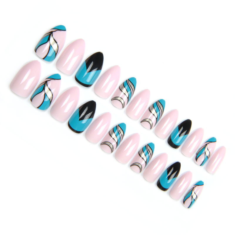 New pointed-head nails, almond nails, and teardrop nails, finished nail plates, high-end color-blocking patterns, abstract lines, English style bestsellers