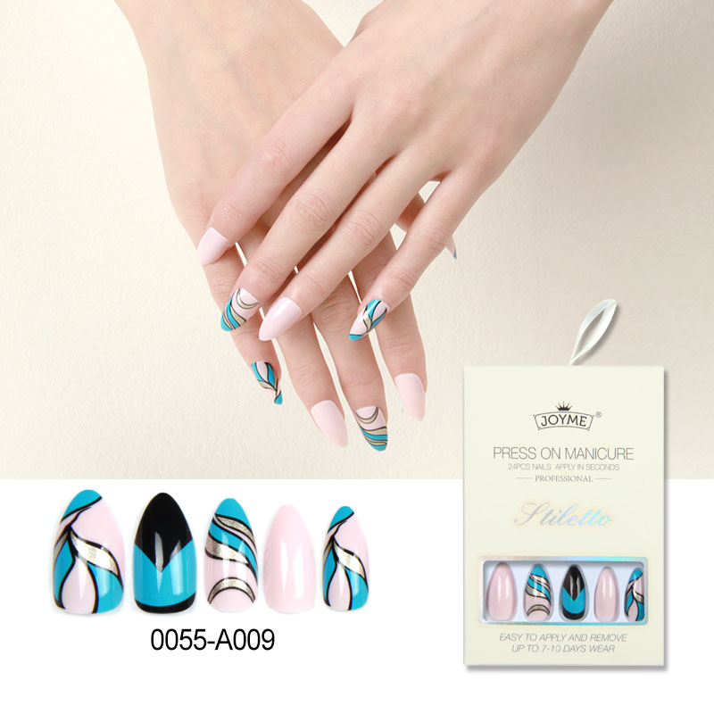 New pointed-head nails, almond nails, and teardrop nails, finished nail plates, high-end color-blocking patterns, abstract lines, English style bestsellers Specification image