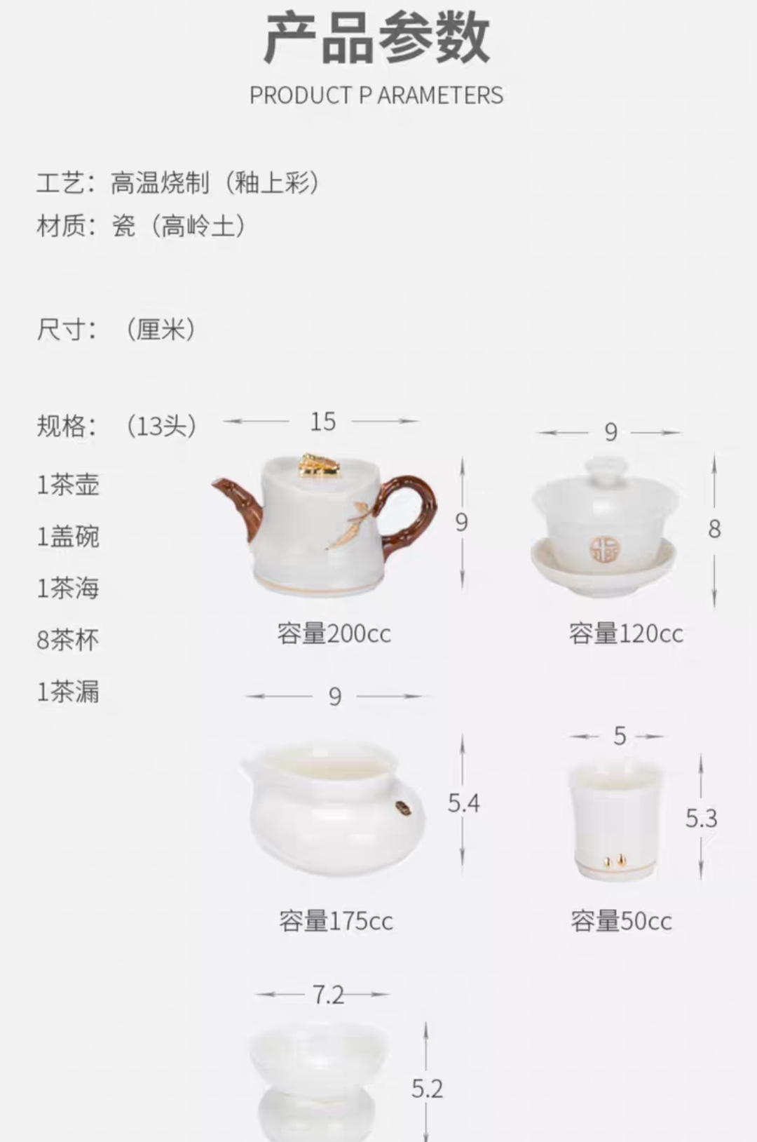 知足套装13头羊脂玉瓷茶具套装详情图9