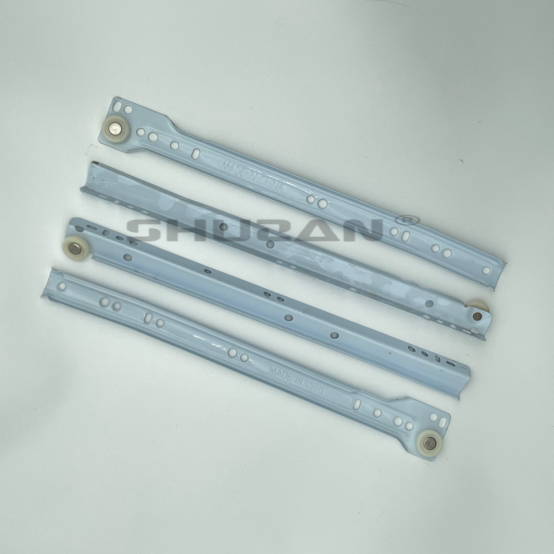 Shuzan marca de alta calidad blanco pulverizado en polvo silencioso de dos secciones pista de cajón rodillos corredera carril de soporte soporte hardware accesorios fábrica directa details Picture