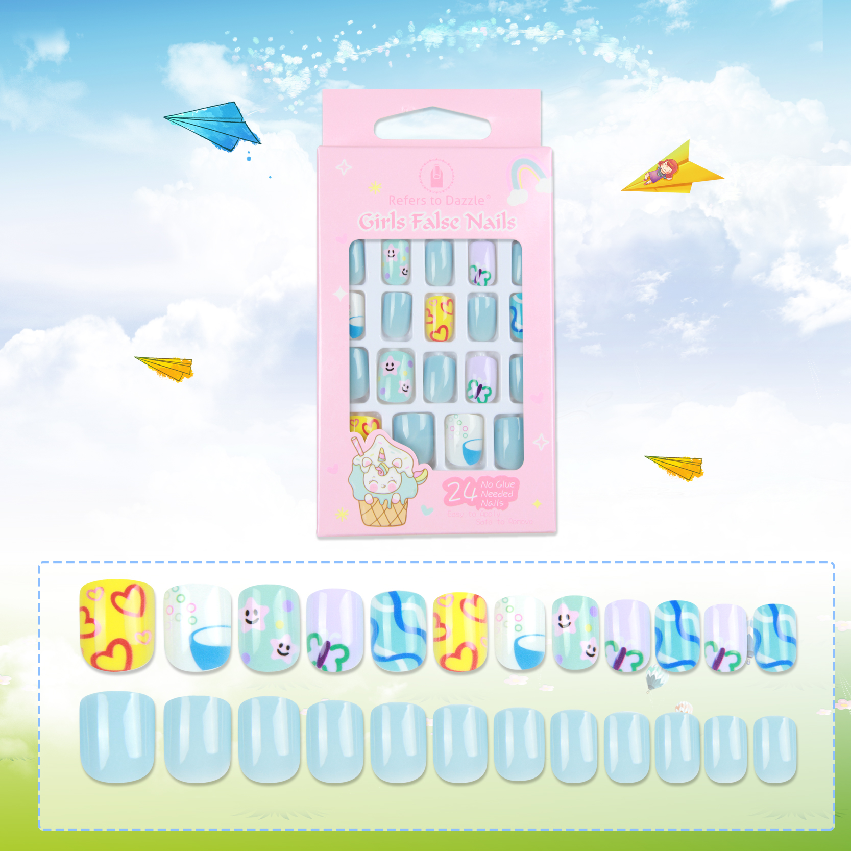 New 24-piece children's nail stickers with adhesive backing, safe and environmentally friendly cartoon star sky nail stickers, wearable nail pads details Picture