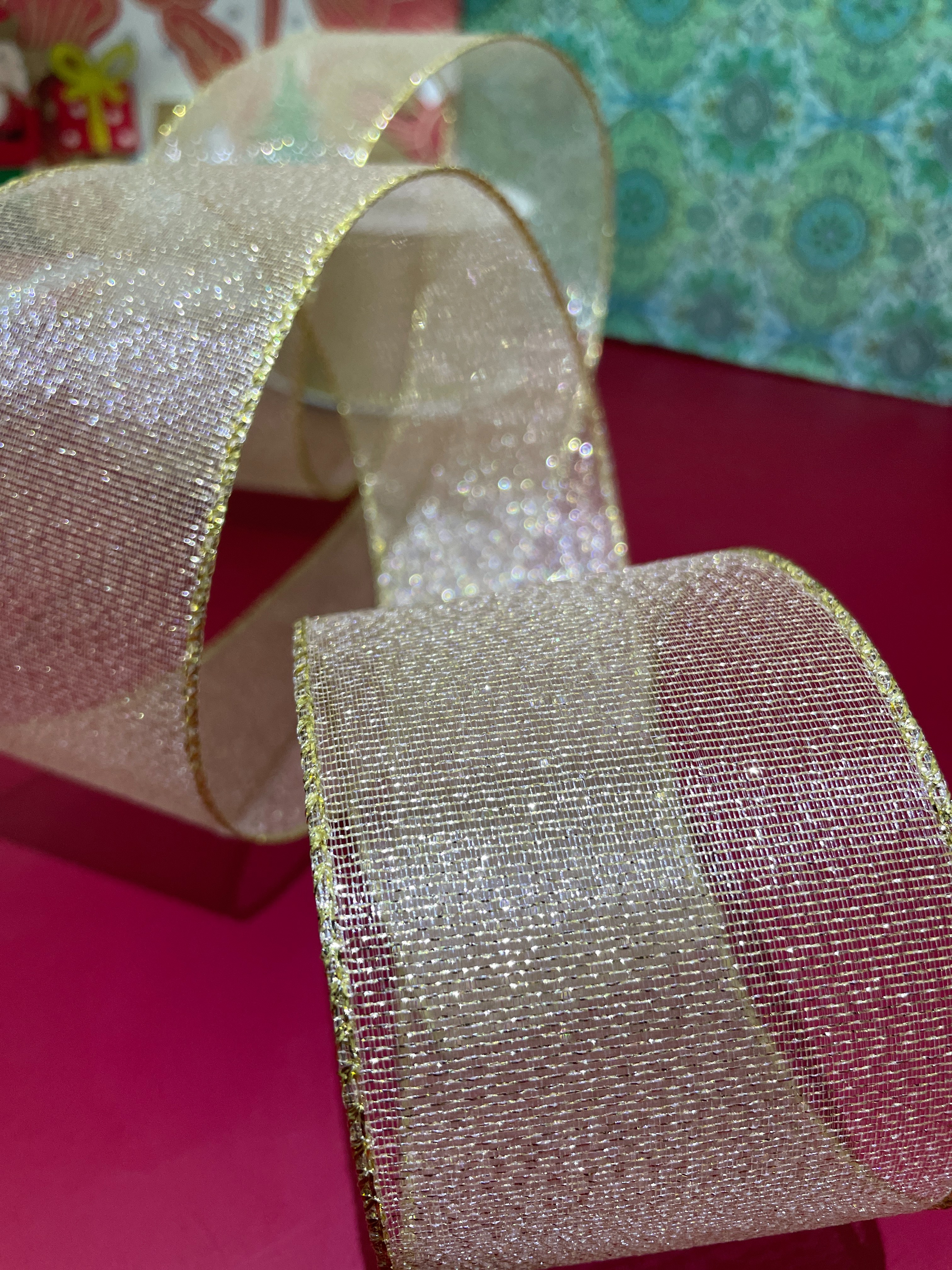 货号：2299圣诞礼品包装装饰DIY 浅金葱布圣诞铁线带6.3cm圣诞树圣诞用品