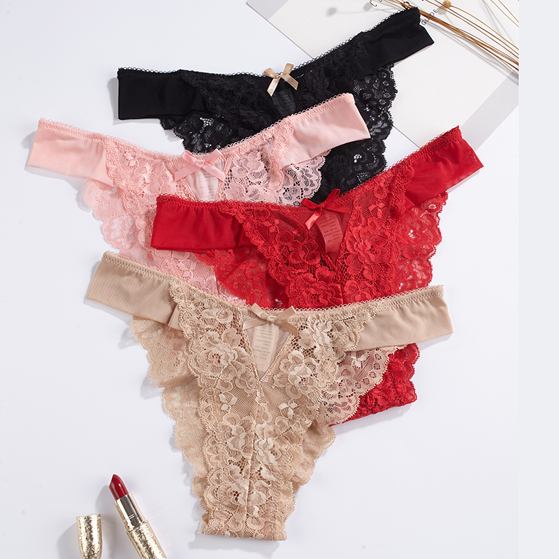 The Mystery of the Magic Box Lace Women's Underwear Pure Desire Lace fringed Japanese sexy low-waisted solid color cut-out thin cotton base cotton women's thong Specification image