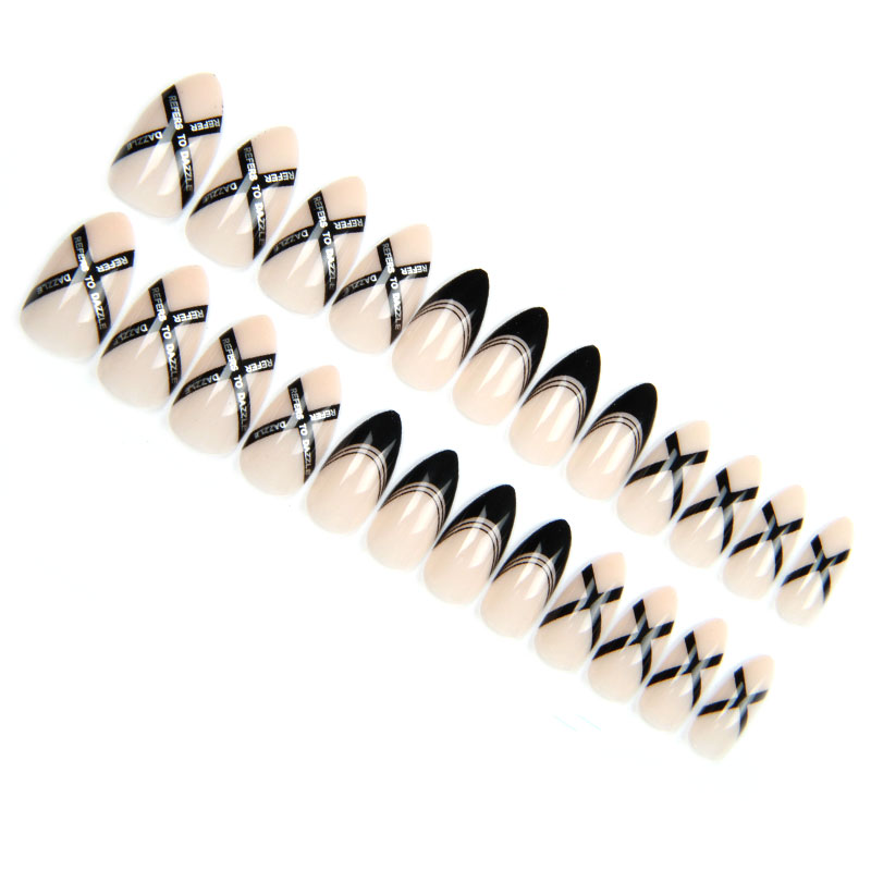 A038 Pointed-toe 24-piece nail, new classic black and white nail stickers, high-priced French nail tape in English details Picture