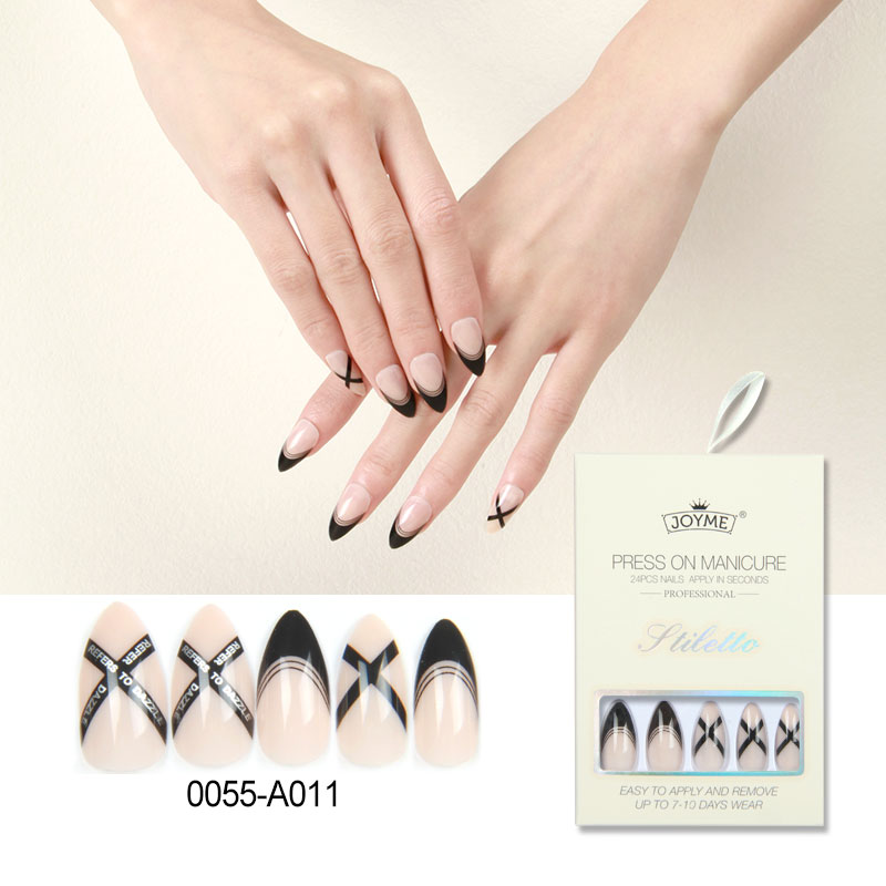 A038 Pointed-toe 24-piece nail, new classic black and white nail stickers, high-priced French nail tape in English Specification image