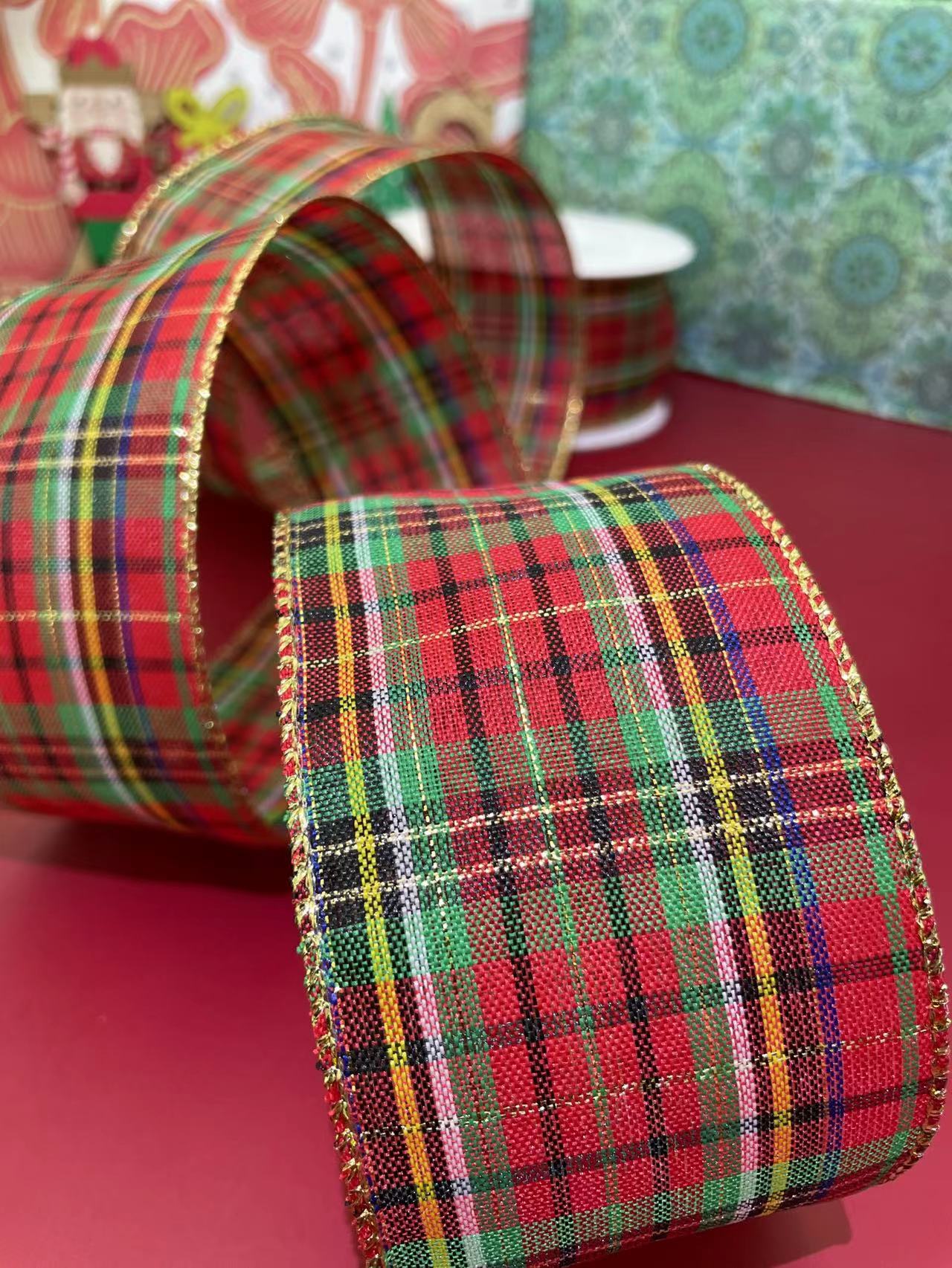 货号：2308圣诞礼品包装装饰DIY 五彩格子圣诞铁线带6.3cm