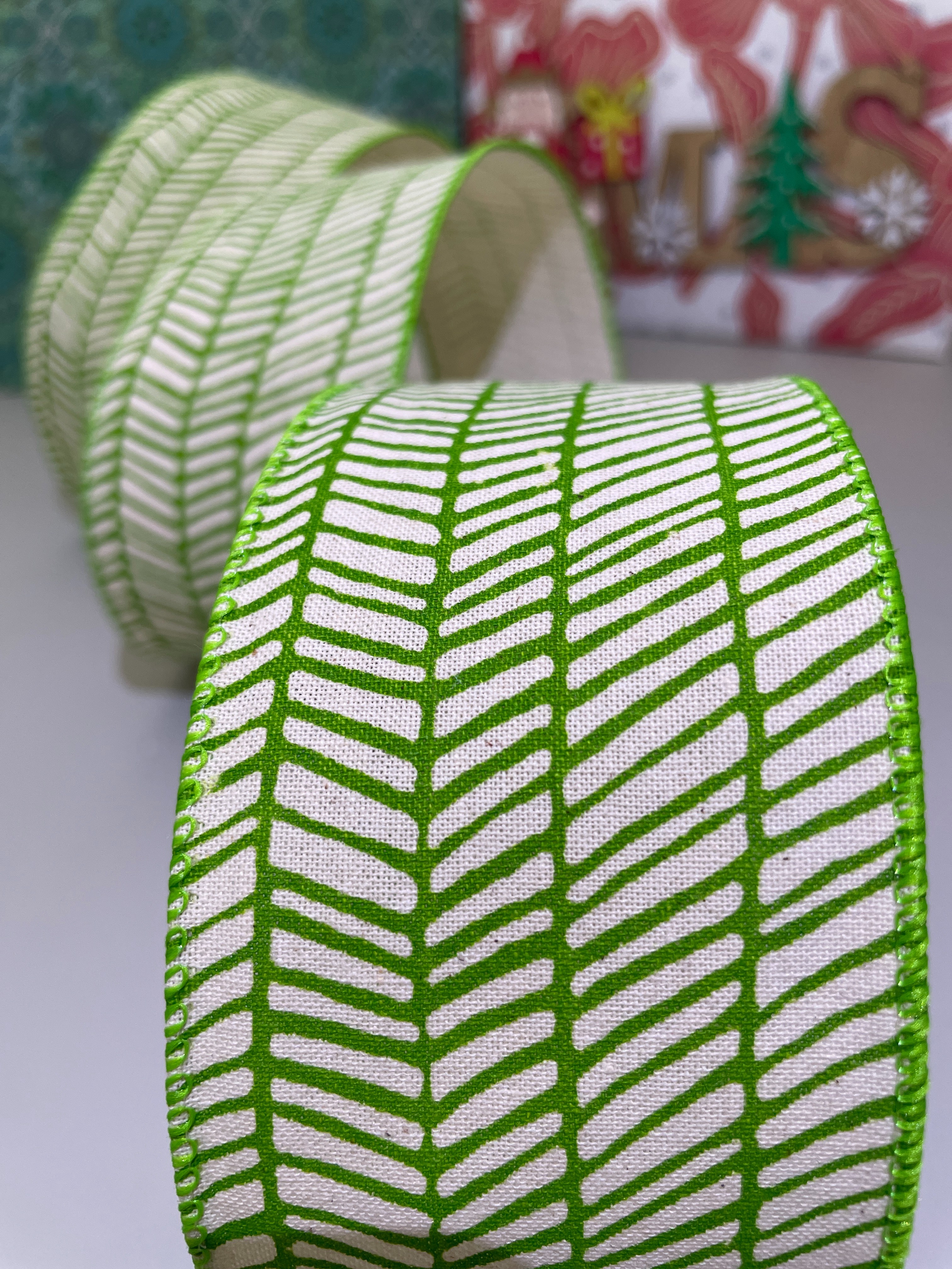 Item No. : 2320 Christmas Gift Packaging Decoration DIY Pure Cotton Printed Fruit Green herringbone Christmas Wire Band 6.3cm