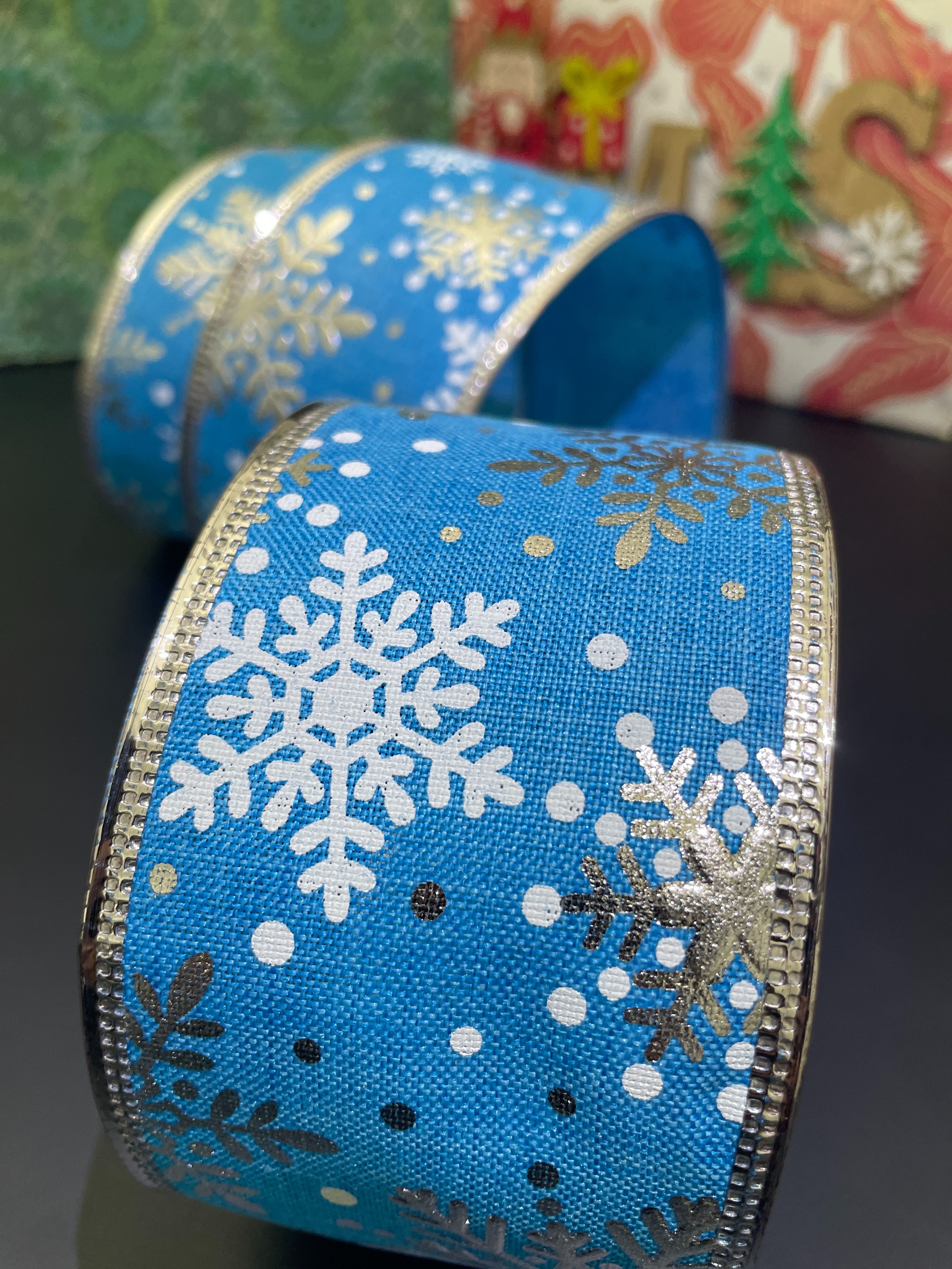 货号：3019圣诞礼品包装装饰DIY 蓝色雪花烫银圣诞铁线带6.3cm