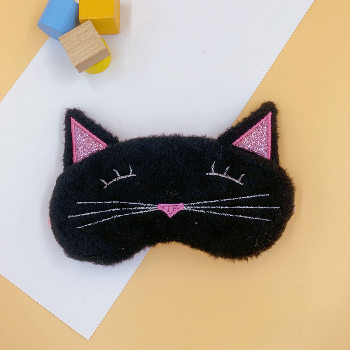 现货护眼罩卡通猫咪黑色眼罩学生睡眠眼罩透气遮光绣花眼罩毛绒眼罩柔软舒适男女通用护眼眼罩可定制厂家定制来稿打样订单生产均可