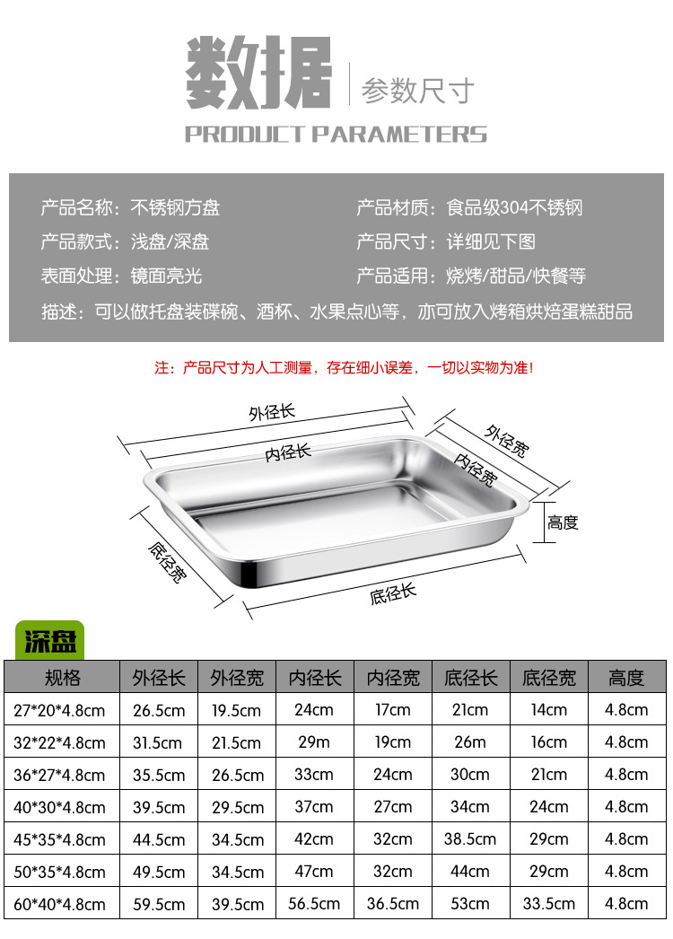 食品级304不锈钢方盘长方形平底冲孔托盘蒸饭盘酒店饭店食堂餐盘 详情图5