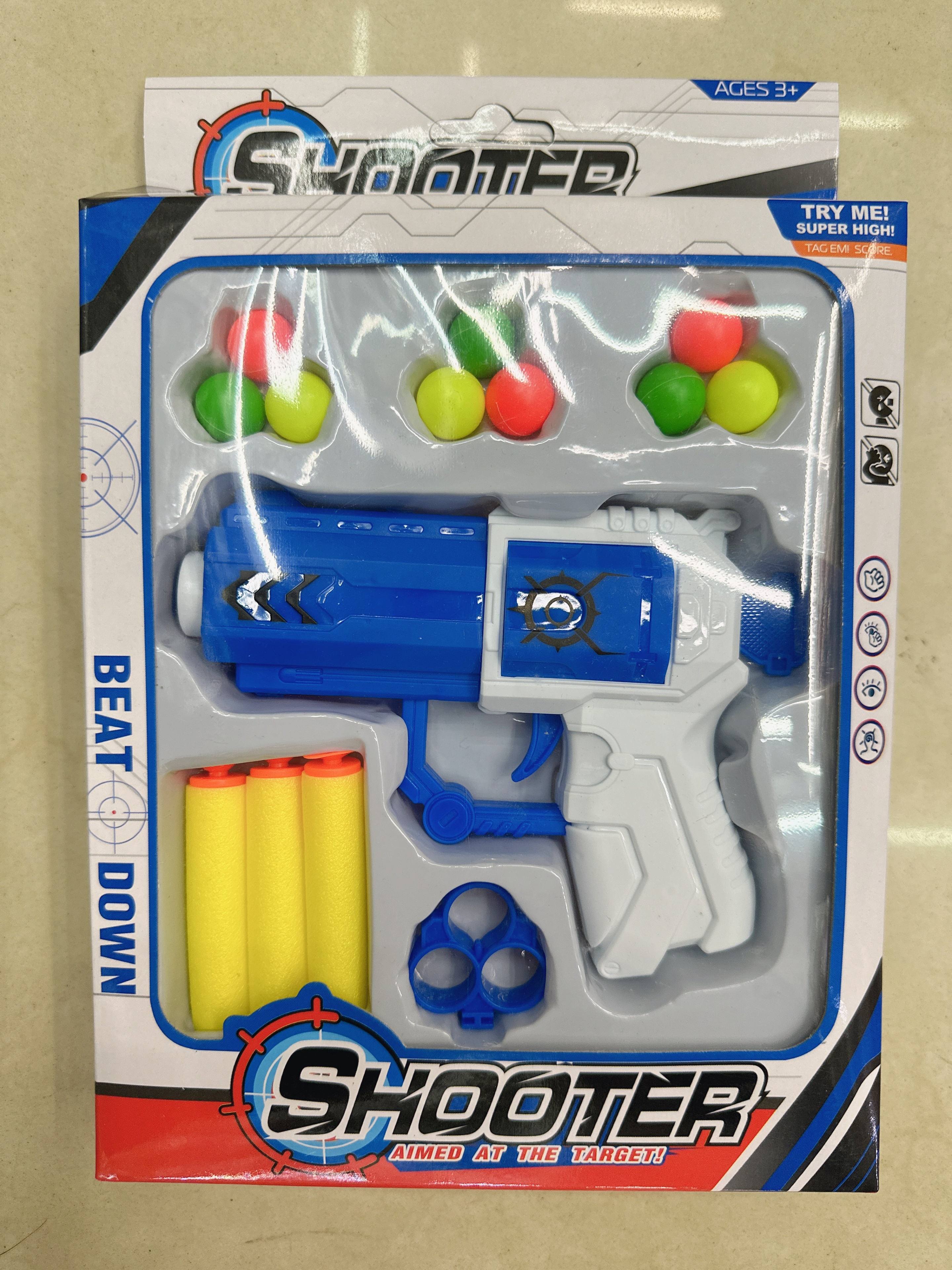 儿童白蓝弹力枪系列环宇玩具型号756987119盒装三发泡沫弹9发塑料弹玩具系列