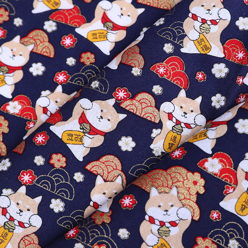Cartoon money-bringing Shiba Inu dog printed fabric, all-cotton gilded clothing, home textiles, DIY handcrafted patchwork fabric, bags, gold powder fabric, fabric art, Japanese style, Japanese Japanese style