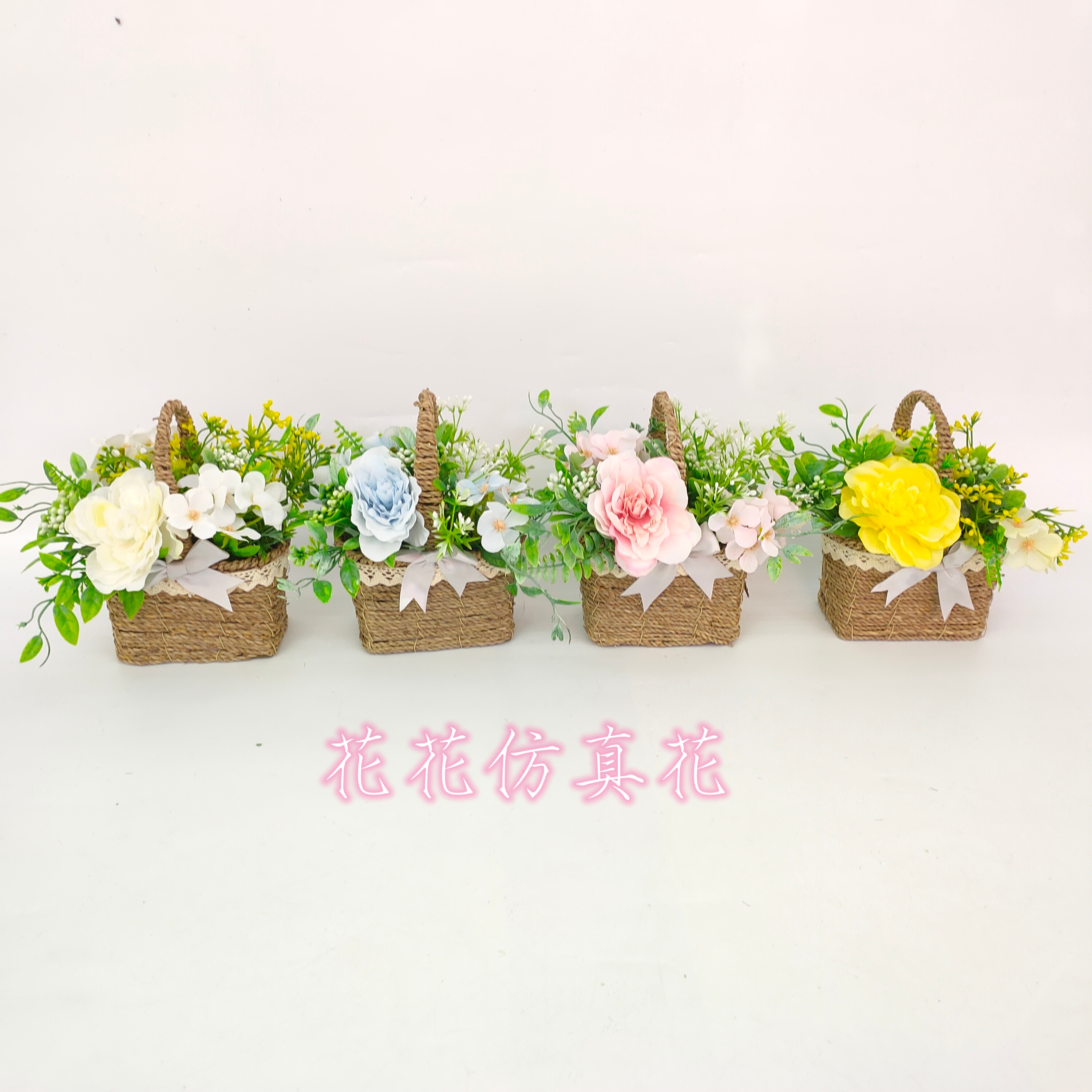 仿真花假花盆景手工编织蓝大荷花摆件装饰品
