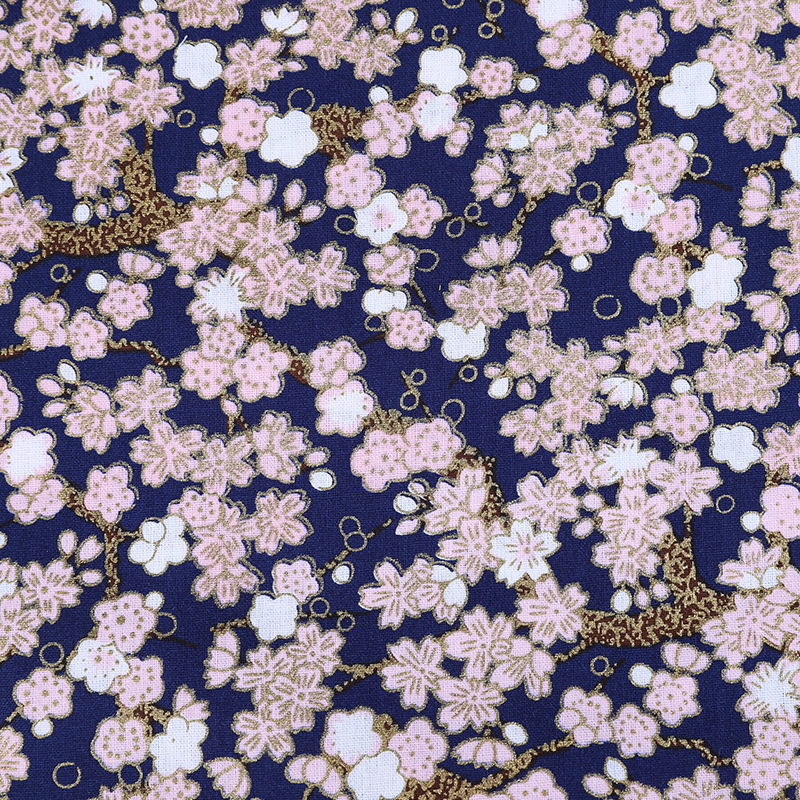 Japanese-style simple cherry blossom floral fabric, all-cotton gold-embossed printed clothing and home textiles, DIY handcrafted gold powder fabric, Japanese-style bags and clothing, handcrafted patchwork fabric
