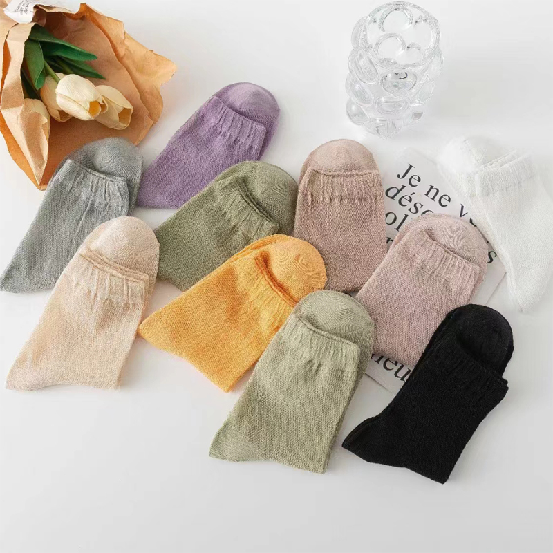 袜子女夏季薄款纯棉透气网眼袜纯色夏天薄袜子女士长袜&隐型袜