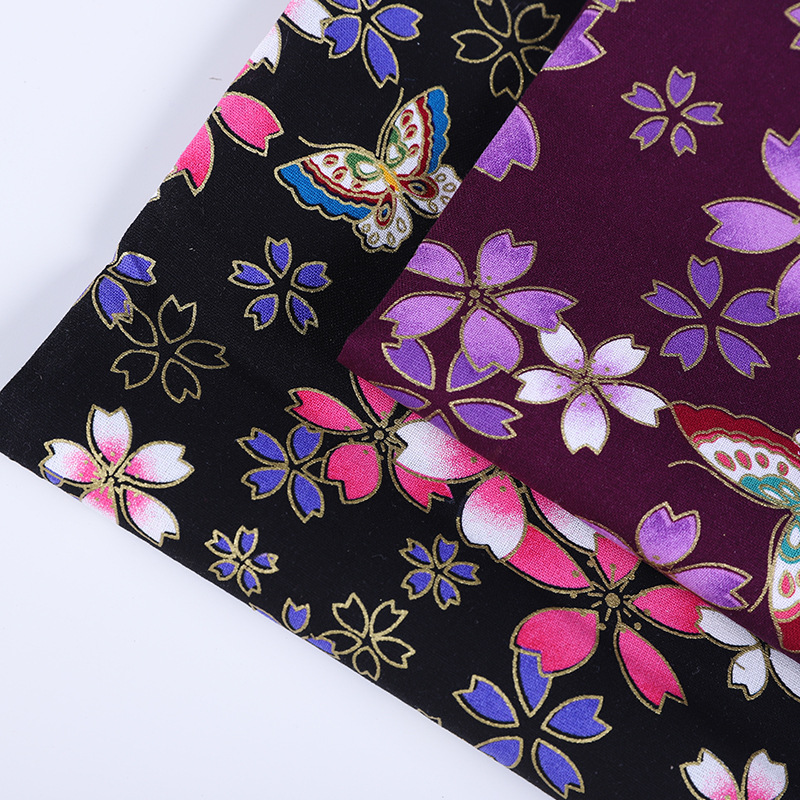 All-cotton gold-embossed printed fabric clothing DIY women's clothing kimono fabric Japanese-style butterfly cherry blossom butterfly love flower gold powder fabric and Japanese-style bag decoration fabric handmade patchwork details Picture