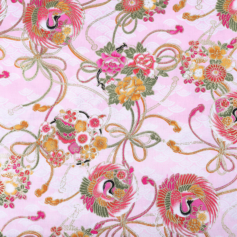 Chinese-style red-crowned crane retro printed fabric, all-cotton gilding printed clothing, DIY handcrafted patchwork decorative fabric, gold powder fabric, ancient-style Chinese trend Hanfu Item Picture