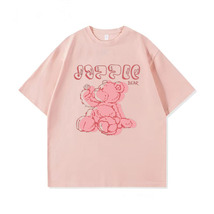 可爱少女粉色短袖T恤纯棉宽松大码半袖夏季落肩显瘦上衣