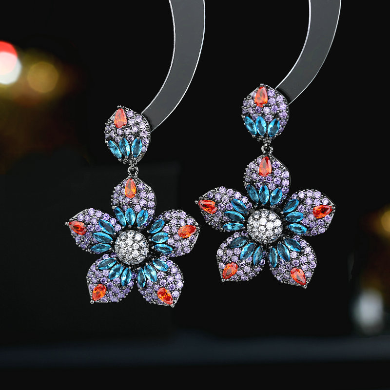 s925银针彩色锆石重工夸张耳饰优雅气质婚庆宴会礼服搭配花朵耳