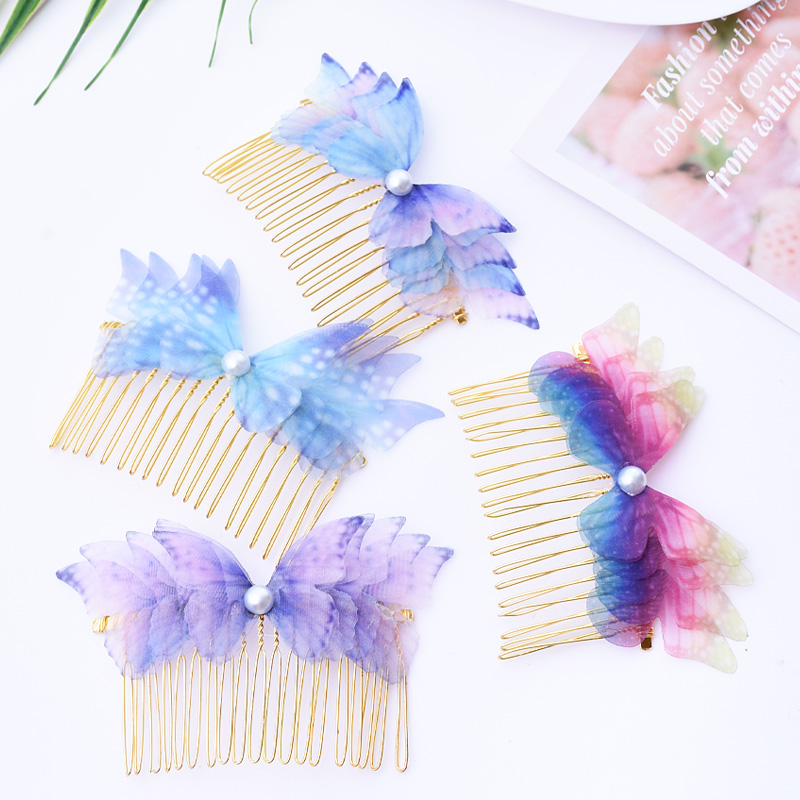 古风多层蝴蝶插梳头饰仙女森系超仙 超级仙气 边夹超美蝴蝶发夹 多色刺绣一字夹 刘海边夹抖音外贸专供